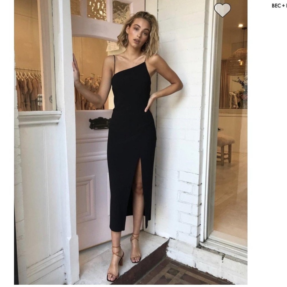 Bec + Bridge Dominique Asymmetrical Midi Dress Sz 2 Black Strappy Elegant Event